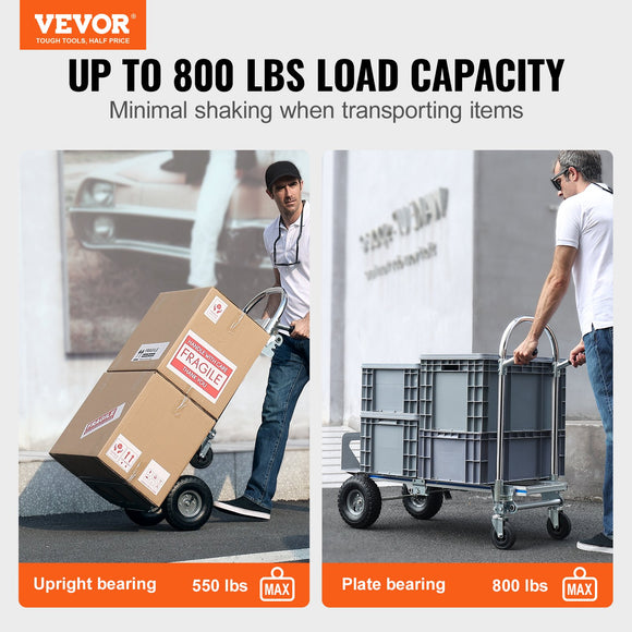 VEVOR Aluminum Hand Truck, 2 in 1, 363 kg Max Load Capacity, Heavy Duty Industrial Convertible Folding Hand Truck and Dolly, Utility Cart Converts from Hand Truck to Platform Cart with Rubber Wheels