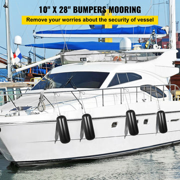 Boat Fenders, 10" x 28" Ribbed Fender, 4 Pack Boat Bumpers, Hole Through Middle Ribbed Inflatable Boat Fender with 4 Ropes, for Pontoon Boat Sailboat, Ski Boat, Black - 0