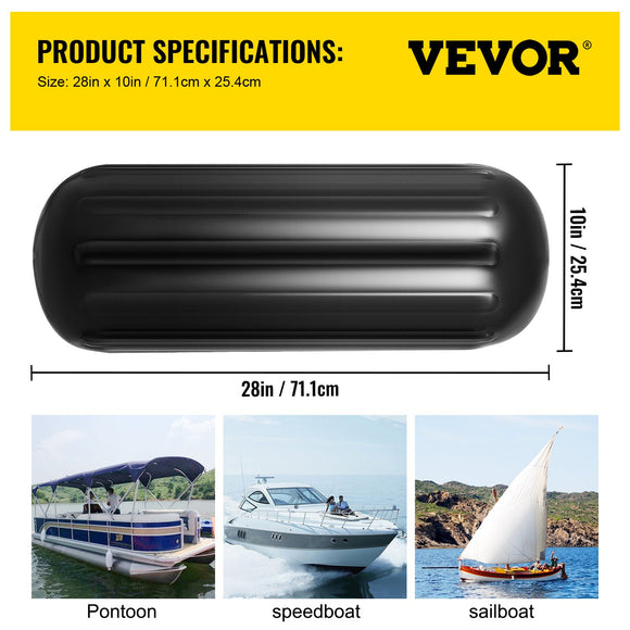 VEVOR Boat Fenders, 10" x 28" Ribbed Fender, 4 Pack Boat Bumpers, Hole Through Middle Ribbed Inflatable Boat Fender with 4 Ropes, for Pontoon Boat Sailboat, Ski Boat, Black