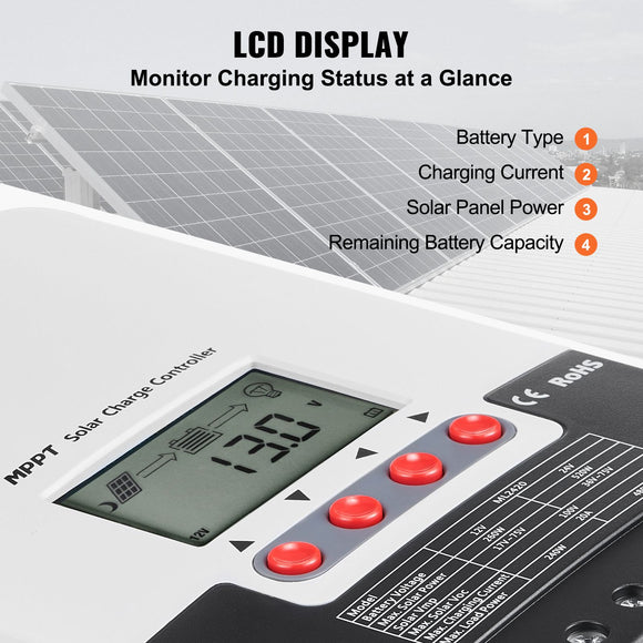 20A MPPT Solar Charge Controller, Auto DC Input, Solar Panel Regulator Charger with LCD Display Temperature Sensor Cable, for Sealed(AGM), Gel, Flooded and Lithium Battery Charging