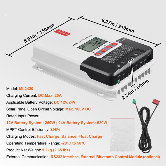 20A MPPT Solar Charge Controller, Auto DC Input, Solar Panel Regulator Charger with LCD Display Temperature Sensor Cable, for Sealed(AGM), Gel, Flooded and Lithium Battery Charging