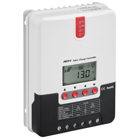 20A MPPT Solar Charge Controller, Auto DC Input, Solar Panel Regulator Charger with LCD Display Temperature Sensor Cable, for Sealed(AGM), Gel, Flooded and Lithium Battery Charging