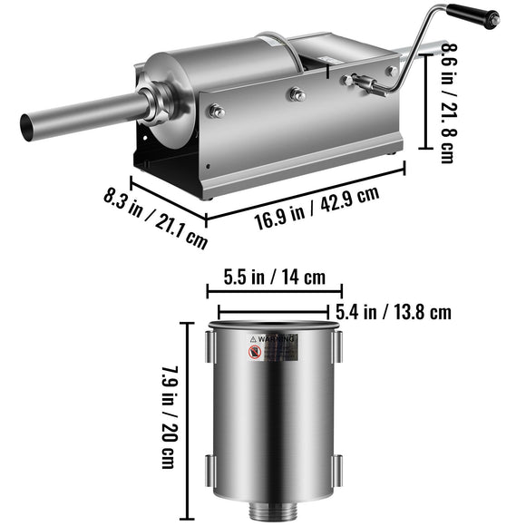 Manual Sausage Stuffer, 3 L / 7 LBS Horizontal Sausage Machine, Dual-Speed Meat Stuffer, Made of Food-Grade 304 Stainless Steel, Includes 5 Stuffing Tubes, for Home Kitchen Restaurant Commercial