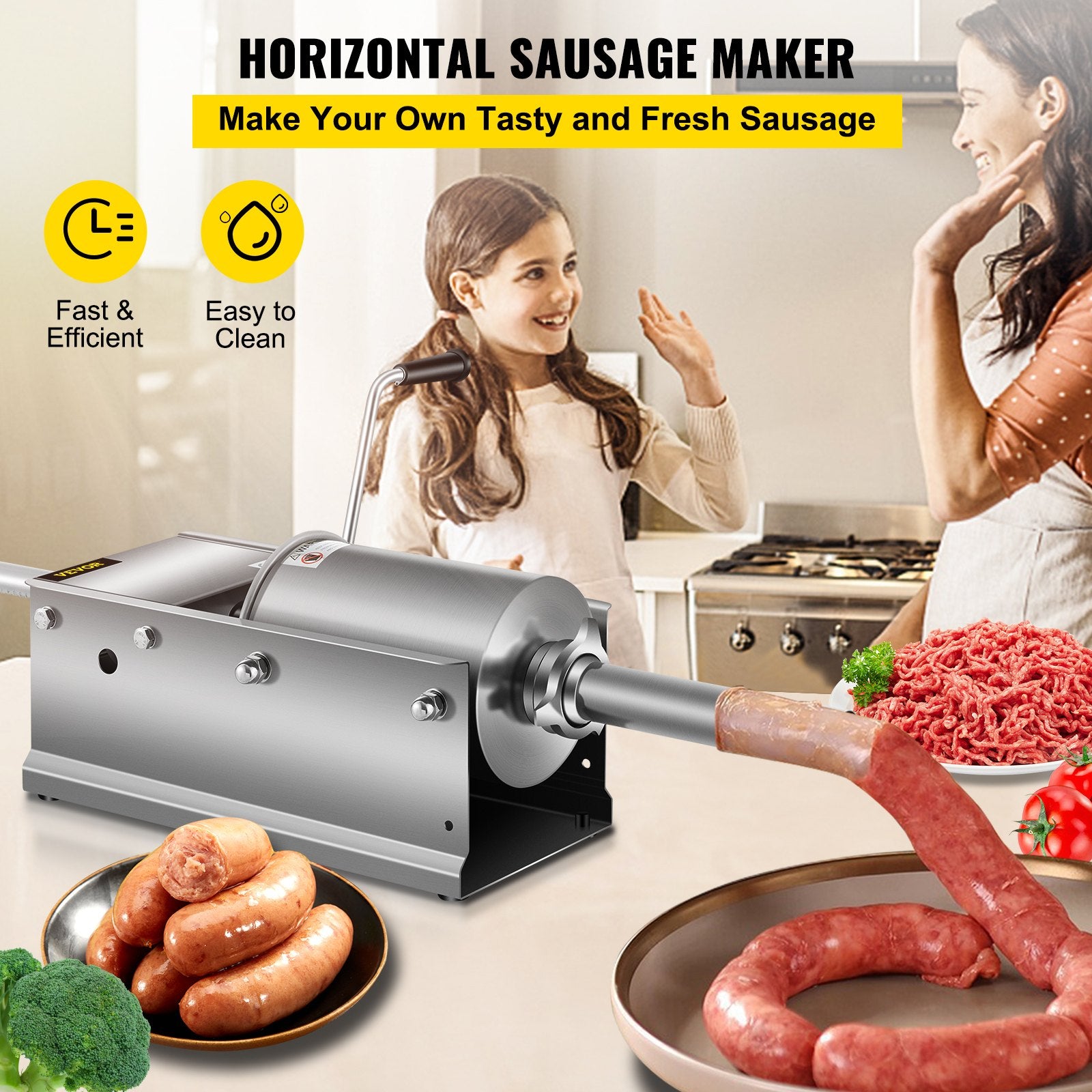 VEVOR Manual Sausage Stuffer, 3 L / 7 LBS Horizontal Sausage Machine, Dual-Speed Meat Stuffer, Made of Food-Grade 304 Stainless Steel, Includes 5 Stuffing Tubes, for Home Kitchen Restaurant Commercial - 0
