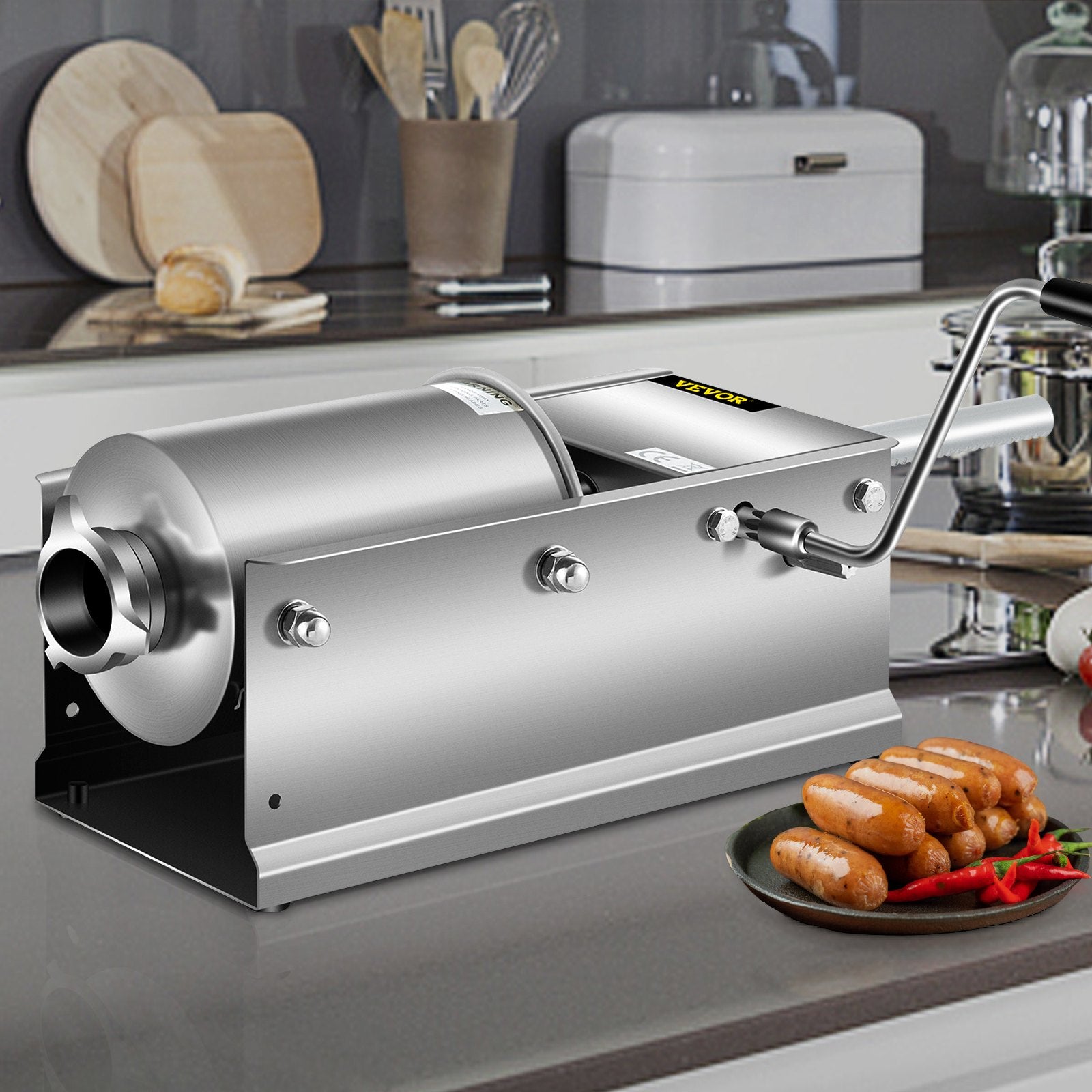 VEVOR Manual Sausage Stuffer, 3 L / 7 LBS Horizontal Sausage Machine, Dual-Speed Meat Stuffer, Made of Food-Grade 304 Stainless Steel, Includes 5 Stuffing Tubes, for Home Kitchen Restaurant Commercial