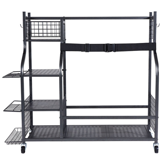 Golf Storage Garage Organizer, 2 Golf Bag Stand Holder and Other Sports Equipment Storage Rack, Rolling Ball Cart on Wheels, Outdoor Sport Gear and Toy Storage with Baskets & Hooks, Steel, Black