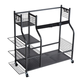 VEVOR Golf Storage Garage Organizer, 2 Golf Bag Stand Holder and Other Sports Equipment Storage Rack, Rolling Ball Cart on Wheels, Outdoor Sport Gear and Toy Storage with Baskets & Hooks, Steel, Black