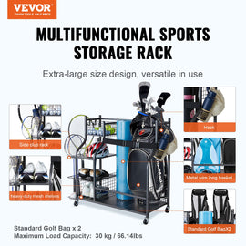 VEVOR Golf Storage Garage Organizer, 2 Golf Bag Stand Holder and Other Sports Equipment Storage Rack, Rolling Ball Cart on Wheels, Outdoor Sport Gear and Toy Storage with Baskets & Hooks, Steel, Black - 0