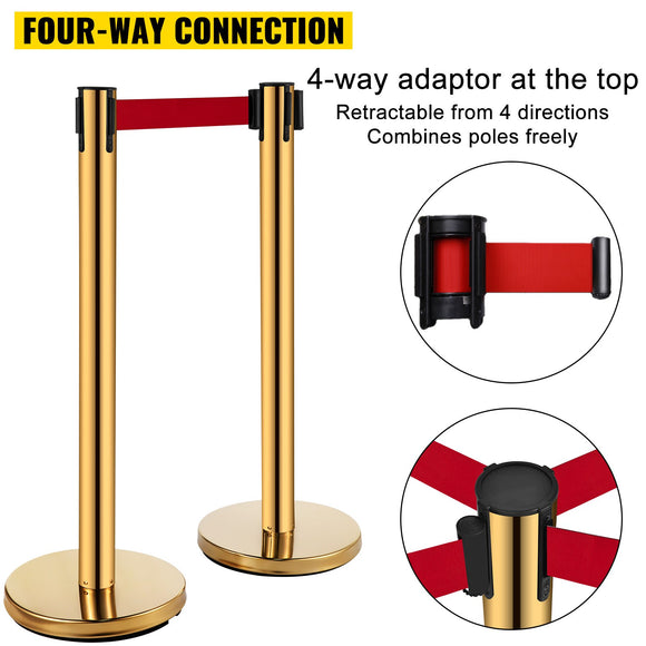 VEVOR Stanchion Post Barriers 6-Set Line Dividers, Stainless Steel Stanchions with 6.6 Red Retractable Belts, Stanchions with One Sign Frame, 34.6 Queue Safety Stanchions (Gold)