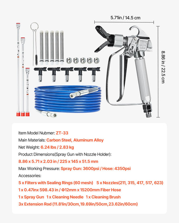 Airless Paint Spray Gun and Hose Kit 3600PSI with Extension Rods Filters