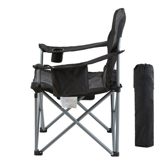 Camping Folding Chair for Adults, Portable Heavy Duty Outdoor Quad Lumbar Back Padded Arm Chairs with Side Pockets, Cup Holder and Cooler Bag for Beach, Lawn, Picnic, Fishing, Backpacking, Black