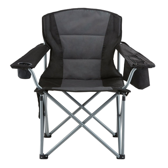 Camping Folding Chair for Adults, Portable Heavy Duty Outdoor Quad Lumbar Back Padded Arm Chairs with Side Pockets, Cup Holder and Cooler Bag for Beach, Lawn, Picnic, Fishing, Backpacking, Black