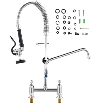 Commercial Faucet with Pre-Rinse Sprayer, 26" Height, 8" Center, 12" Swing Spout, Deck Mount Kitchen Sink Faucet, Brass Constructed Device with Pull Down Spray, for 1/2/3 Compartment Sink