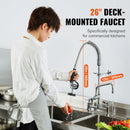 Commercial Faucet with Pre-Rinse Sprayer, 26" Height, 8" Center, 12" Swing Spout, Deck Mount Kitchen Sink Faucet, Brass Constructed Device with Pull Down Spray, for 1/2/3 Compartment Sink-2