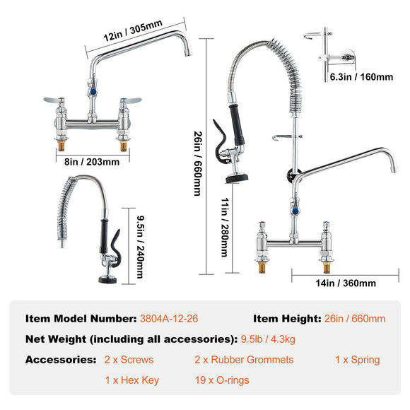 Commercial Faucet with Pre-Rinse Sprayer, 26" Height, 8" Center, 12" Swing Spout, Deck Mount Kitchen Sink Faucet, Brass Constructed Device with Pull Down Spray, for 1/2/3 Compartment Sink