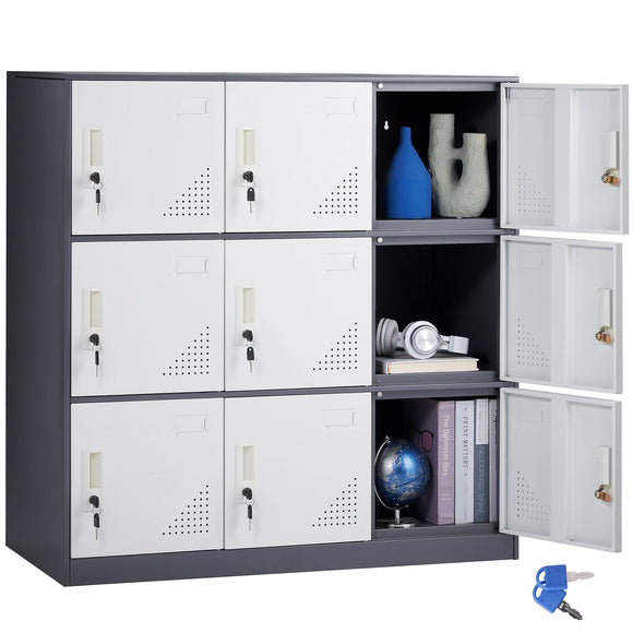 9 Doors Metal Storage Cabinet Employees Steel Storage Cabinet Office Gray
