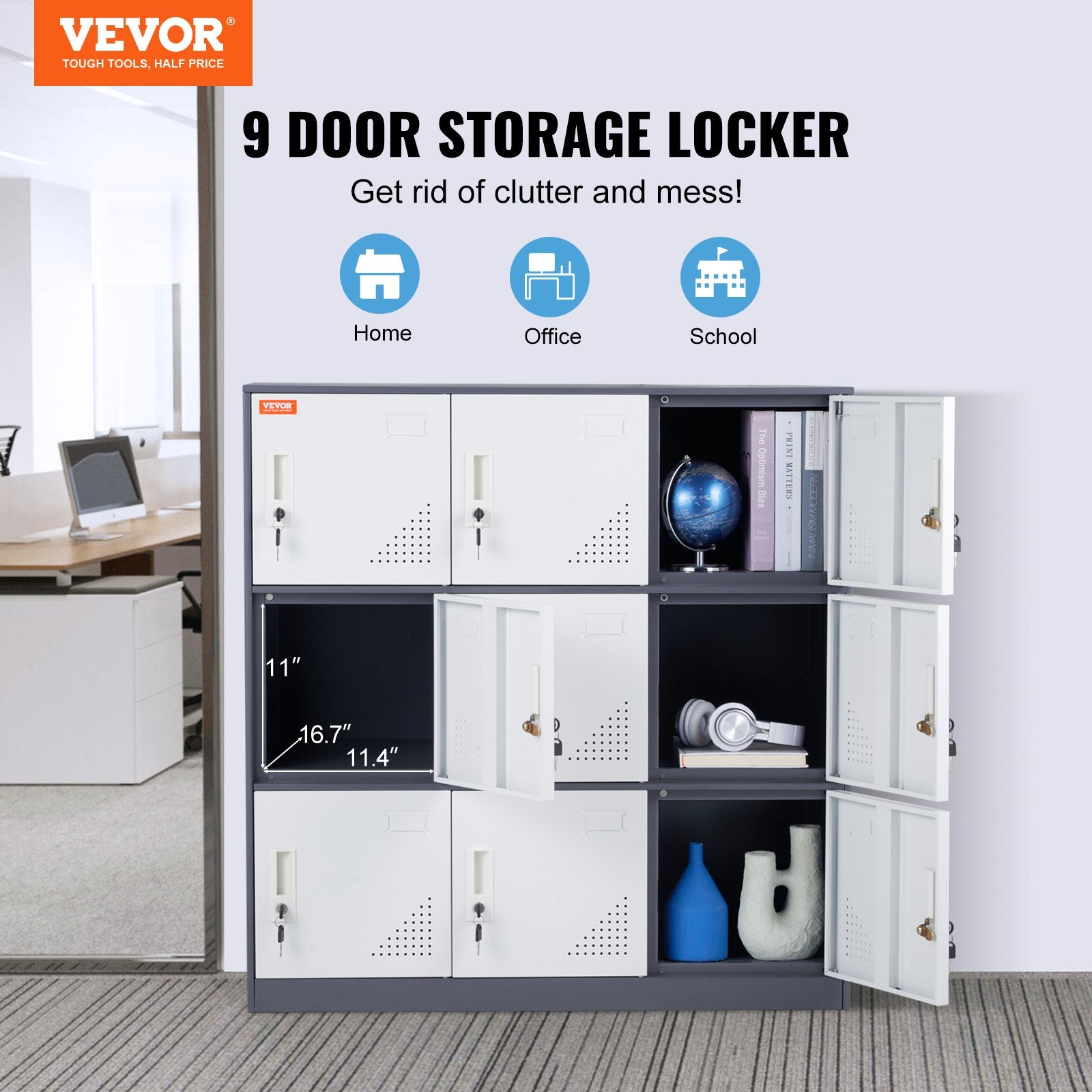 VEVOR 9 Doors Metal Storage Cabinet Employees Steel Storage Cabinet Office Gray - 0