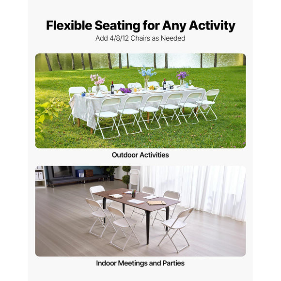 4 Pack Folding Chairs, Foldable Plastic Chairs with Heavy Duty Metal Frame, Portable Folding Card Table Chairs, Stackable Indoor Outdoor Seats for Home, Yard, Garden, Parties, Events, White