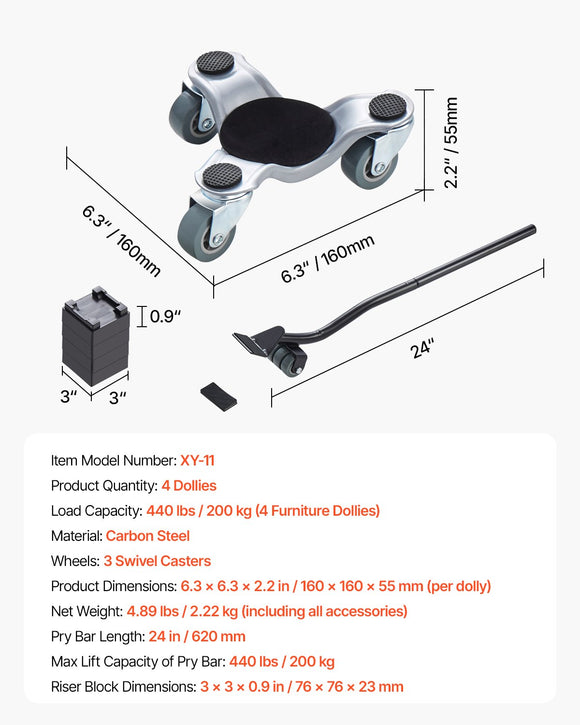 VEVOR Furniture Dolly 4 pcs Steel Tri-dolly Set Furniture Mover 200 kg Capacity