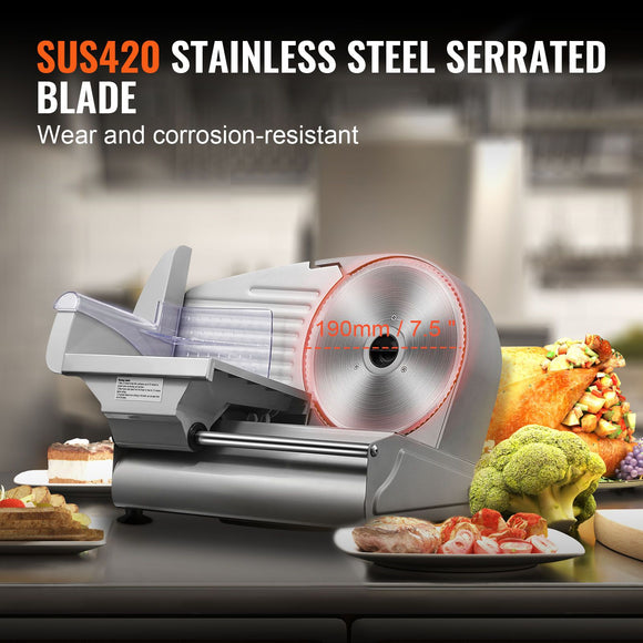 Meat Slicer, 180W Electric Deli Food Slicer with 7.5" SUS420 Stainless Steel Blade and Blade Guard, 0 - 0.6 inch Adjustable Thickness for Home Use, Easy to Clean, Cut Meat, Bread, Ham and Cheese
