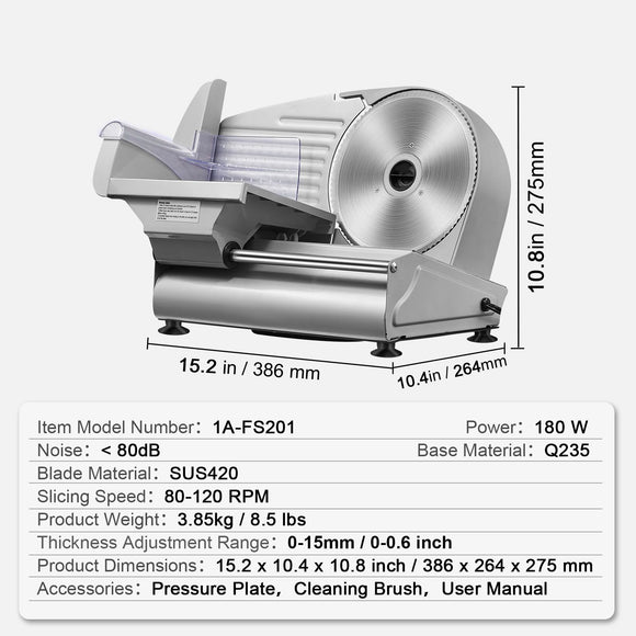 Meat Slicer, 180W Electric Deli Food Slicer with 7.5" SUS420 Stainless Steel Blade and Blade Guard, 0 - 0.6 inch Adjustable Thickness for Home Use, Easy to Clean, Cut Meat, Bread, Ham and Cheese