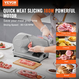 VEVOR Meat Slicer, 180W Electric Deli Food Slicer with 7.5" SUS420 Stainless Steel Blade and Blade Guard, 0 - 0.6 inch Adjustable Thickness for Home Use, Easy to Clean, Cut Meat, Bread, Ham and Cheese - 0