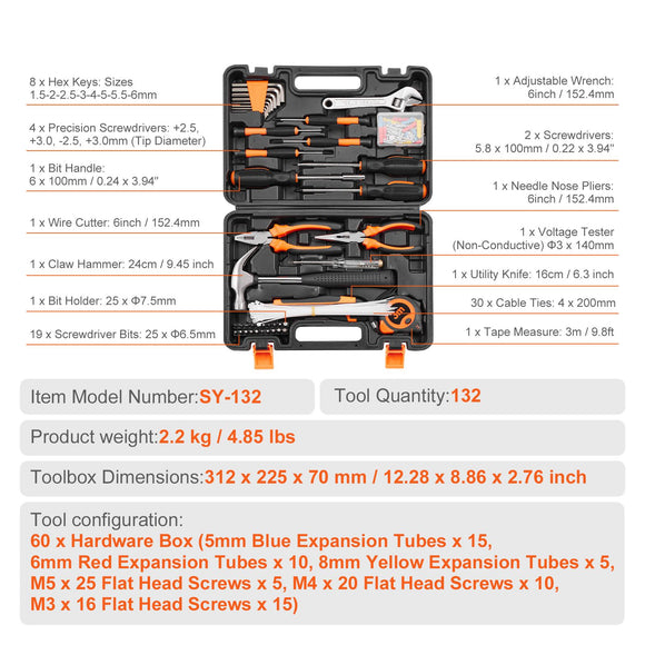 Tool Kit 132 Piece General Household Hand Tool Set with Portable Tool Case