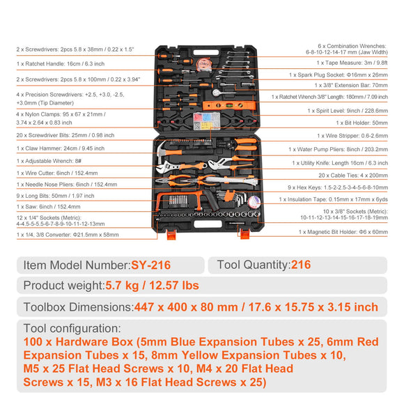 Tool Kit 216 Piece General Household Hand Tool Set with Portable Tool Case