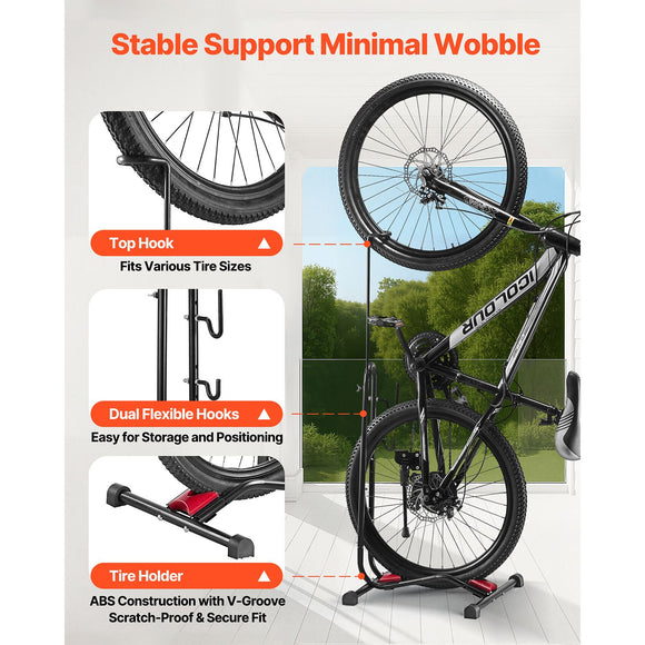 Bike Rack, Upright Bike Stand Floor for 406.4 to 700 mm Mountain & Road Bikes, Vertical & Horizontal Bicycle Stand for Secure Parking and Storage in Garage, Truck Bed, Indoor, Outdoor, Black