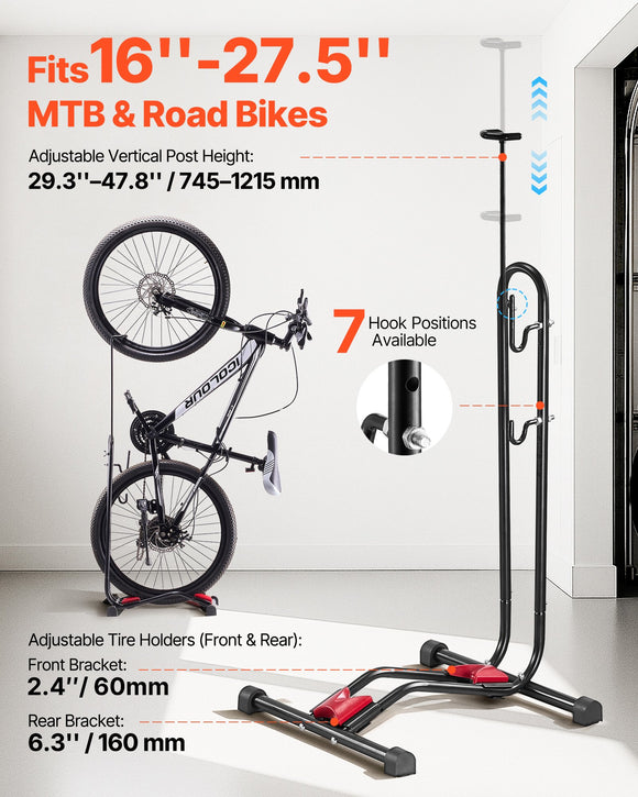 Bike Rack, Upright Bike Stand Floor for 406.4 to 700 mm Mountain & Road Bikes, Vertical & Horizontal Bicycle Stand for Secure Parking and Storage in Garage, Truck Bed, Indoor, Outdoor, Black