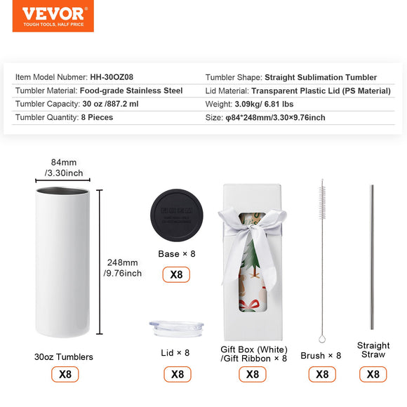 VEVOR 8 Pack Straight Sublimation Tumblers, 30 oz Blank Tumbler Bulk, Stainless Steel Double Wall Tumbler Cups with Straw, Lid, Brush, Base, Shrink Wrap, Gift Box, for Heat Press and Heat Transfer