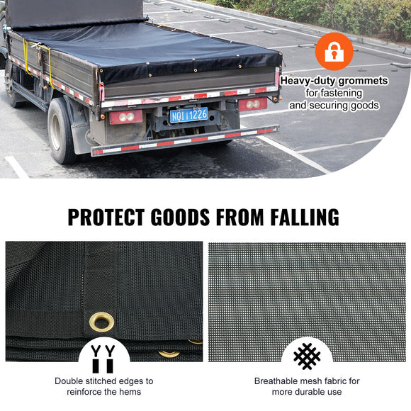 Dump Truck Mesh Tarp, 5 x 14 ft, PVC Coated Black Heavy Duty Cover with 5.5" 18oz Double Pocket, Brass Grommets, Reinforced Double Needle Stitch Webbing Fits Manual or Electric Dump Truck System