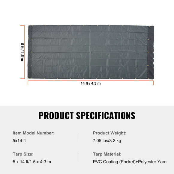 Dump Truck Mesh Tarp, 5 x 14 ft, PVC Coated Black Heavy Duty Cover with 5.5" 18oz Double Pocket, Brass Grommets, Reinforced Double Needle Stitch Webbing Fits Manual or Electric Dump Truck System