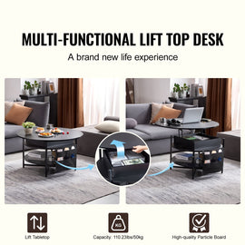 Lift Top Coffee Table 35.3" Round Coffee Table for Living Room Black - 0