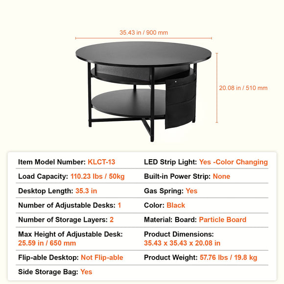 Lift Top Coffee Table 35.3" Round Coffee Table for Living Room Black