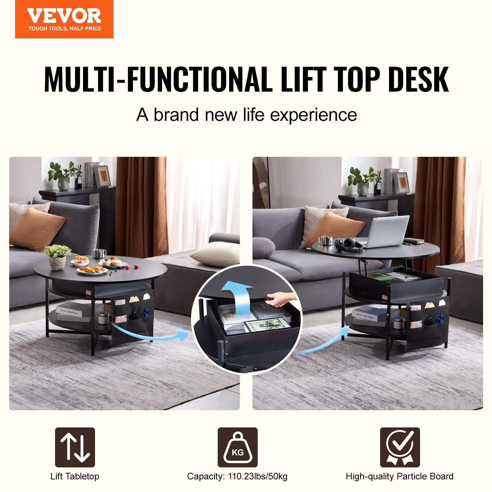 VEVOR Lift Top Coffee Table 35.3" Round Coffee Table for Living Room Black - 0