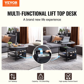 VEVOR Lift Top Coffee Table 35.3" Round Coffee Table for Living Room Black - 0