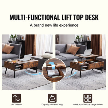 Lift Top Coffee Table 39.4 in Rectangle Coffee Table for Living Room Brown - 0