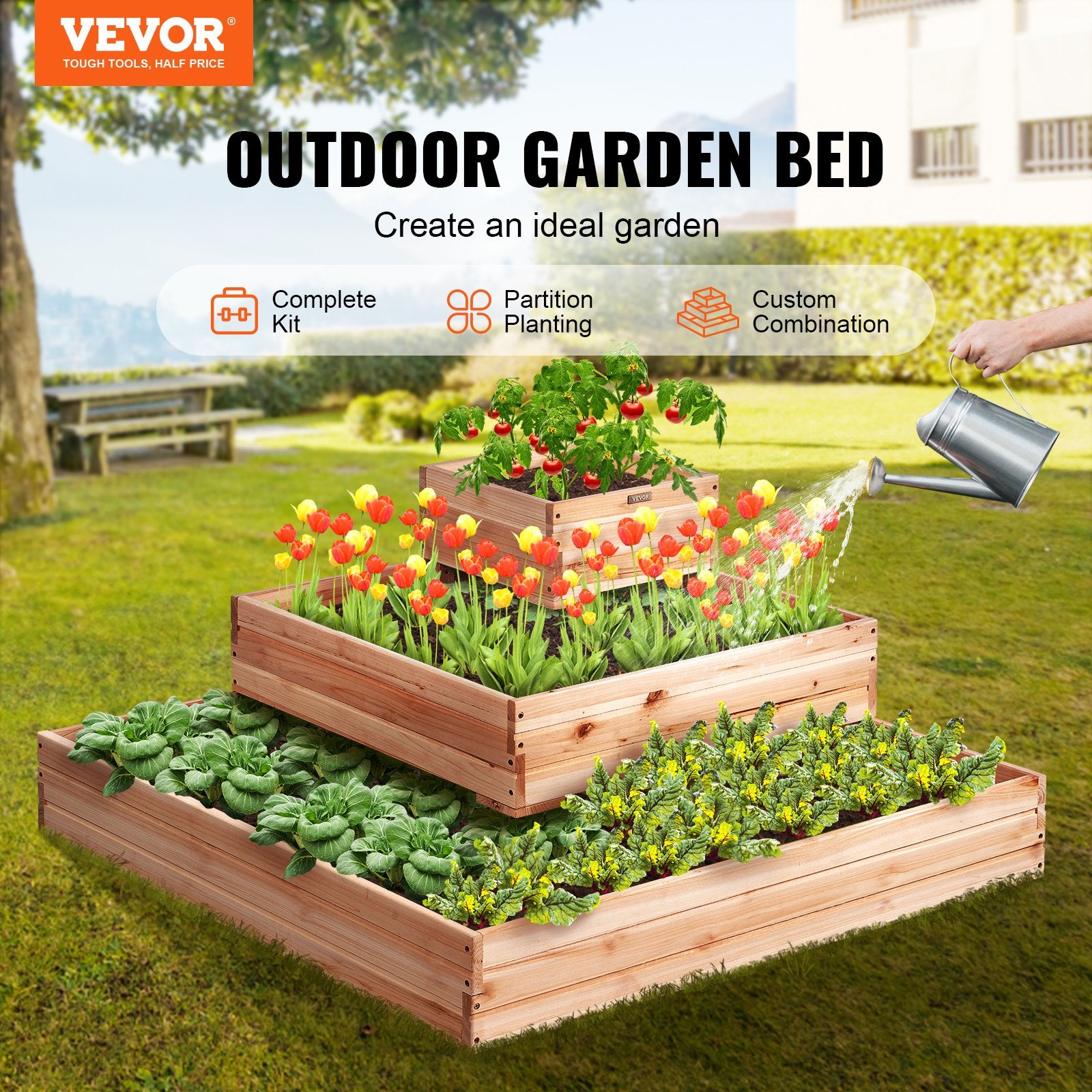 VEVOR Wooden Raised Garden Bed Planter Box 113 x 113 x 51 cm Flower Vegetable Herb - 0