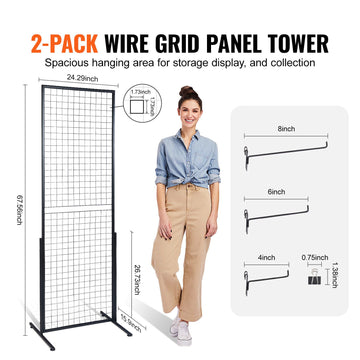 2' x 5.6' Grid Wall Panels Tower, 2 Packs Wire Gridwall Display Racks with T-Base Floorstanding, Double Side Gridwall Panels for Art Craft Shows, Retail Display with Extra Clips and Hooks - 0