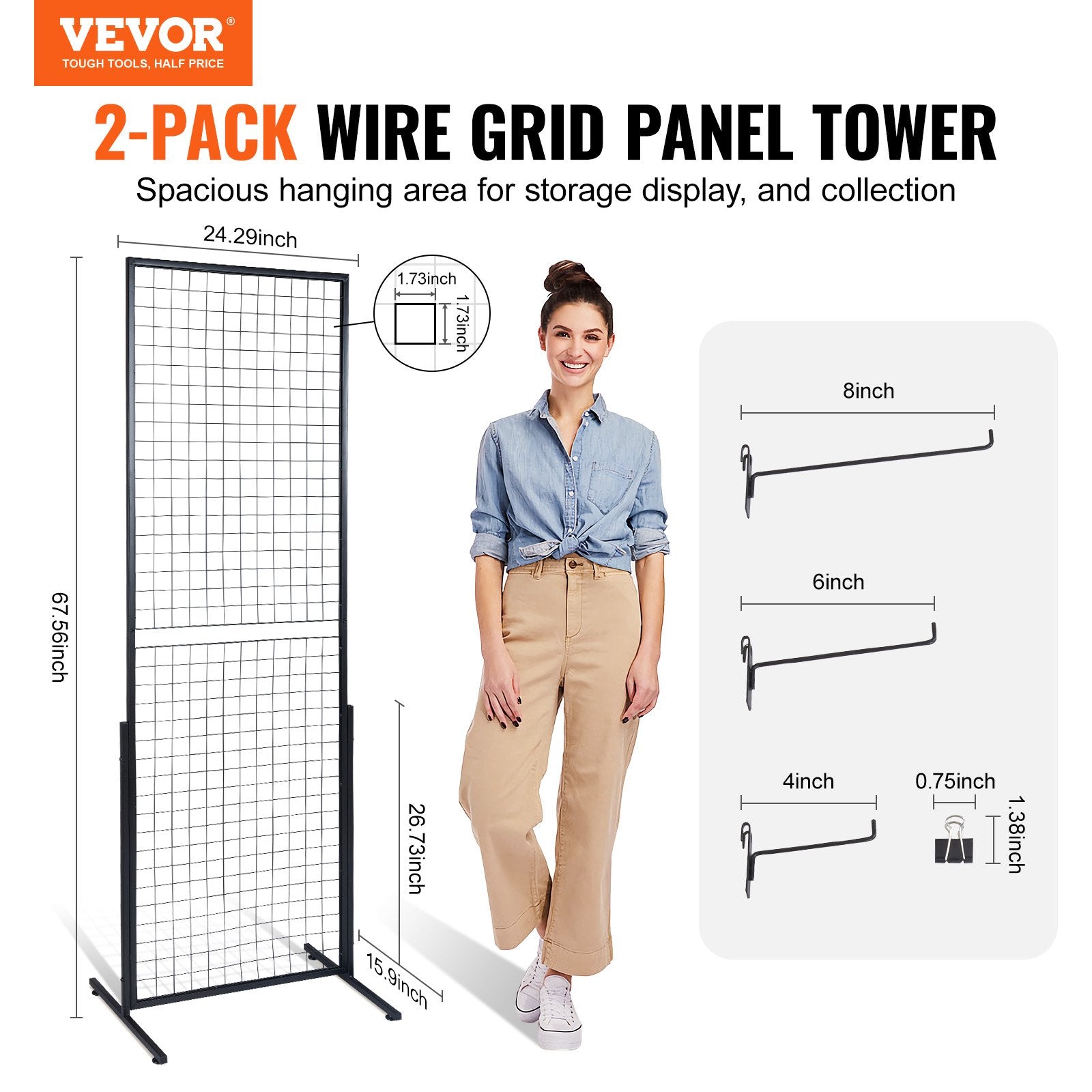 VEVOR 2' x 5.6' Grid Wall Panels Tower, 2 Packs Wire Gridwall Display Racks with T-Base Floorstanding, Double Side Gridwall Panels for Art Craft Shows, Retail Display with Extra Clips and Hooks - 0