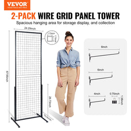 VEVOR 2' x 5.6' Grid Wall Panels Tower, 2 Packs Wire Gridwall Display Racks with T-Base Floorstanding, Double Side Gridwall Panels for Art Craft Shows, Retail Display with Extra Clips and Hooks - 0