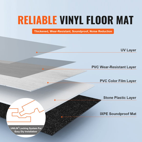 Interlocking Vinyl Floor Tiles 48 x 7.3 inch, 10 Tiles 5.5mm Thick Snap Together, Light Gray Wood Grain DIY Flooring for Kitchen, Dining Room, Bedrooms & Bathrooms, Easy for Home Decor