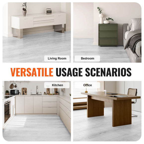 Interlocking Vinyl Floor Tiles 48 x 7.3 inch, 10 Tiles 5.5mm Thick Snap Together, Light Gray Wood Grain DIY Flooring for Kitchen, Dining Room, Bedrooms & Bathrooms, Easy for Home Decor