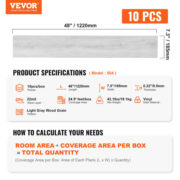 VEVORrlocking Vinyl Floor Tiles 48 x 7.3 inch, 10 Tiles 5.5mm Thick Snap Together, Light Gray Wood Grain DIY Flooring for Kitchen, Dining Room, Bedrooms & Bathrooms, Easy for Home Decor