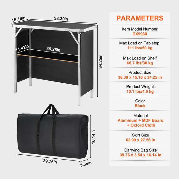 Folding Portable Bar Table, Tradeshow Podium Table for Indoor, Outdoor, Party, Picnic, Exhibition, Includes Carrying Case, Storage Shelf and Black Skirt, 38.39" x 15.16" x 34.25“