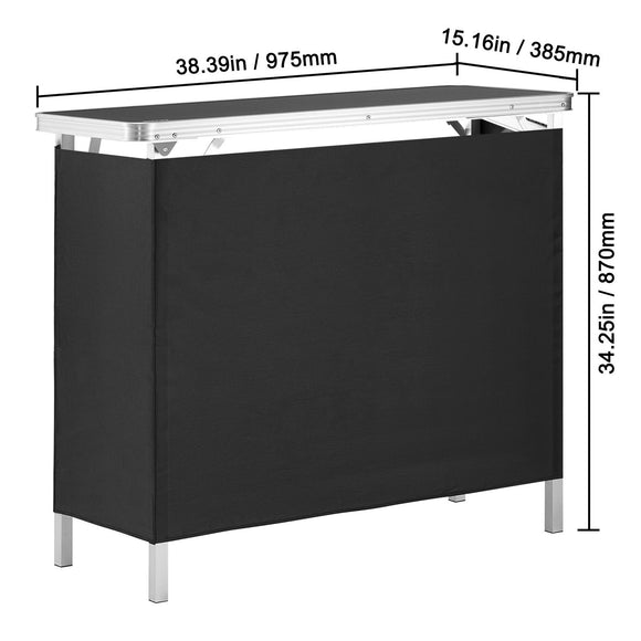 Folding Portable Bar Table, Tradeshow Podium Table for Indoor, Outdoor, Party, Picnic, Exhibition, Includes Carrying Case, Storage Shelf and Black Skirt, 38.39" x 15.16" x 34.25“