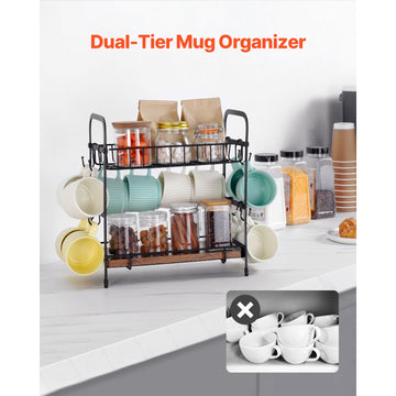 2 Tier Coffee Bar Organizer for Countertop w/ 12 Movable Hooks Mug Holder - 0