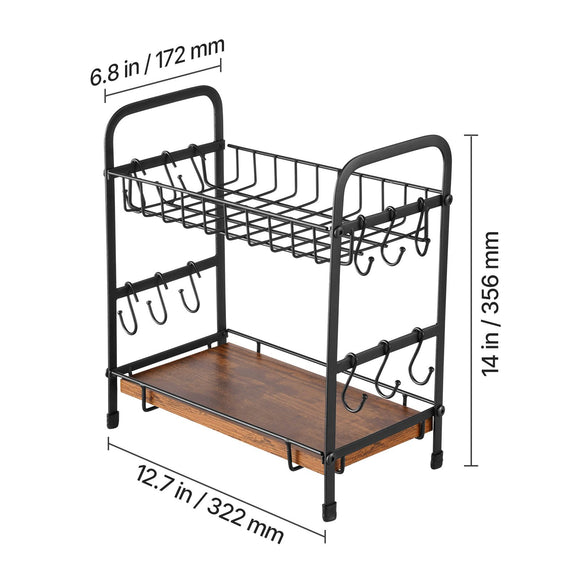 2 Tier Coffee Bar Organizer for Countertop w/ 12 Movable Hooks Mug Holder