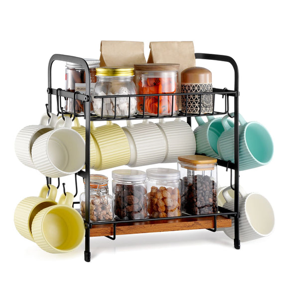 2 Tier Coffee Bar Organizer for Countertop w/ 12 Movable Hooks Mug Holder